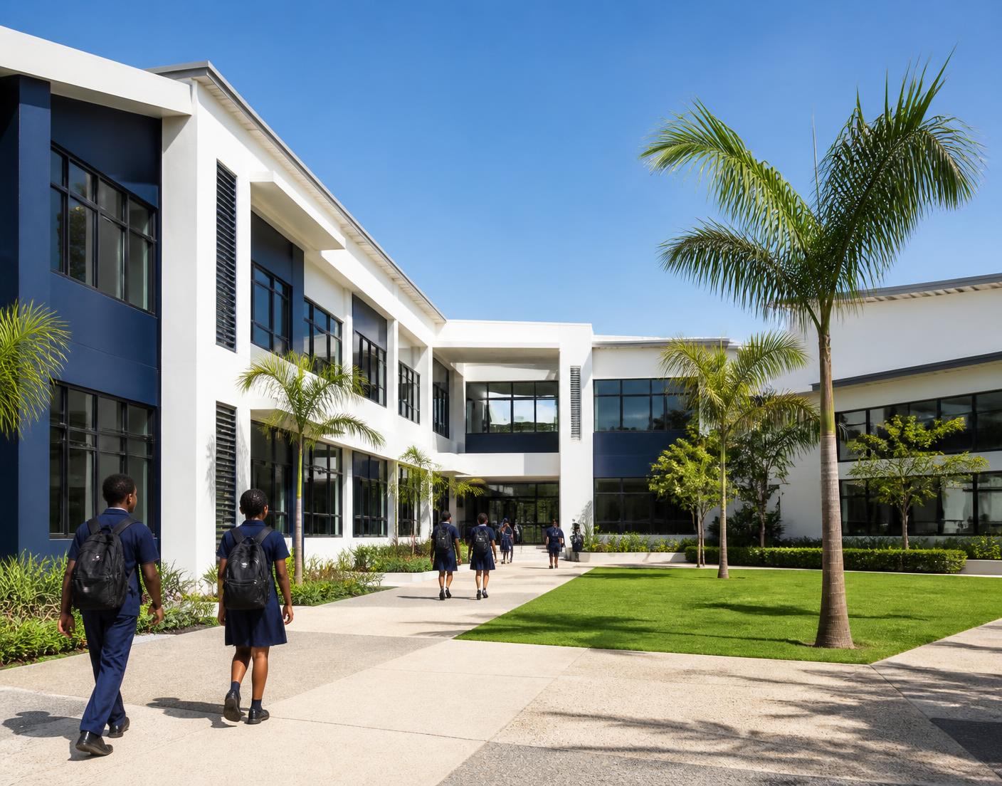The Skylar Dynamic Academy campus with students walking through the courtyard