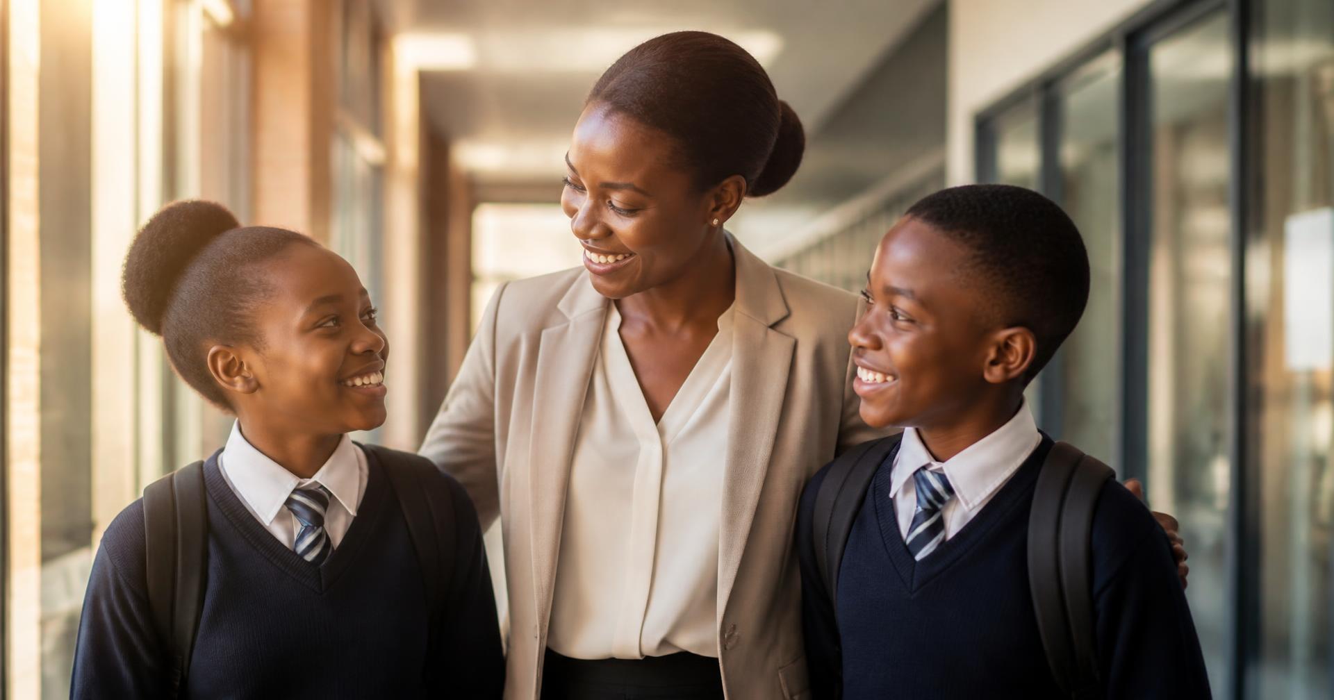 A teacher walking and talking with two secondary school students in a school corridor
