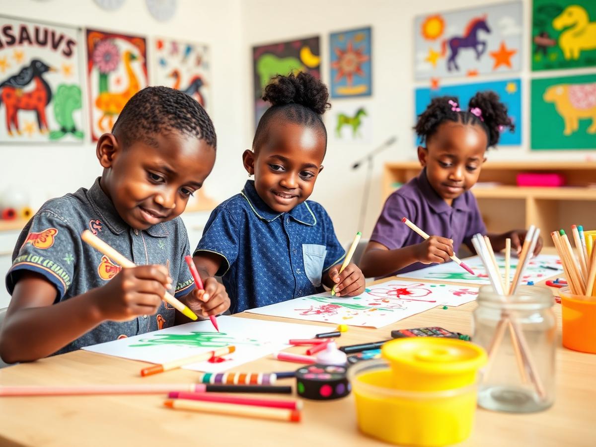 Children painting and drawing in the school creative arts room