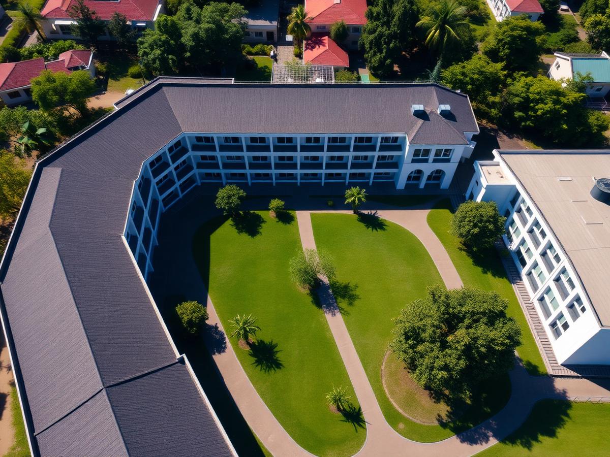 Aerial view of the school campus buildings, courtyard and gardens
