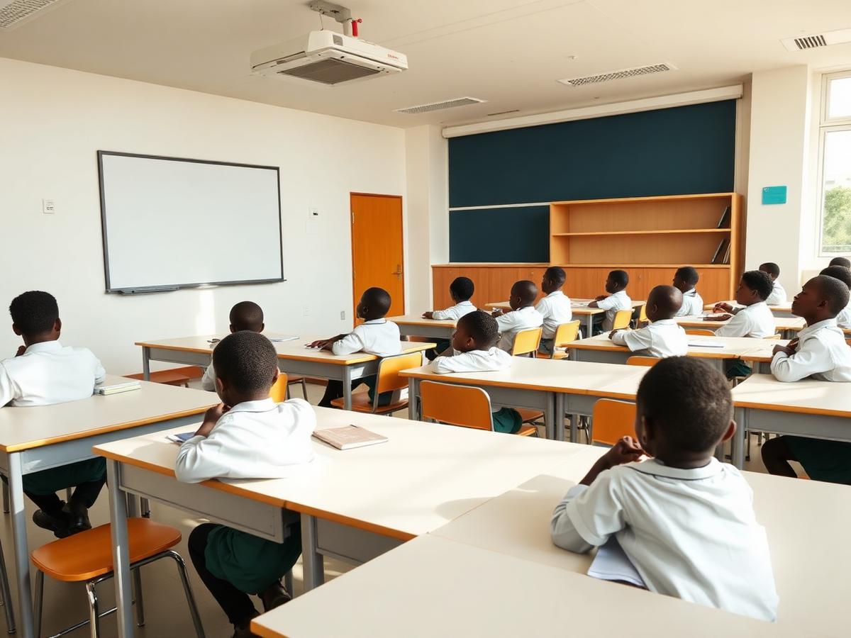 Modern classroom with pupils seated at clean desks facing a whiteboard