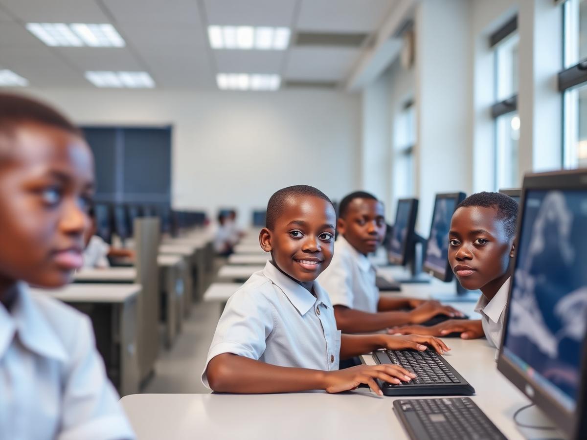 Pupils using desktop computers in the school ICT laboratory