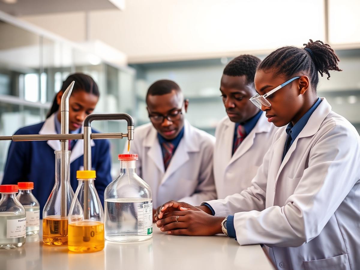Students in lab coats conducting an experiment in the science laboratory