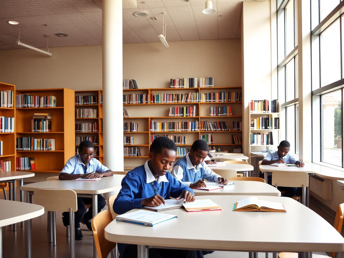 Students reading at tables in the bright school library