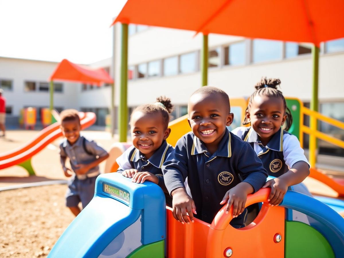 Young children in uniform playing on colourful playground equipment