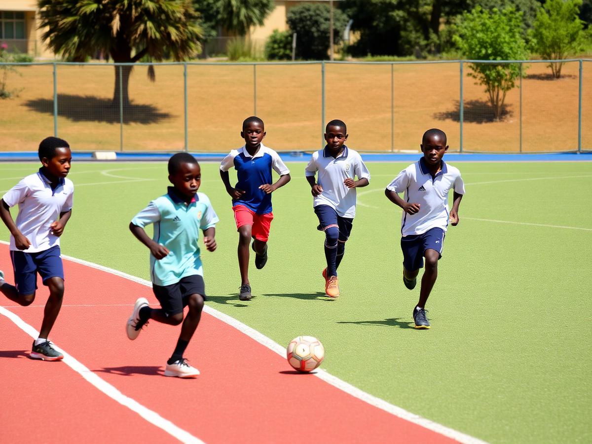 Students in sports kit running and playing football on the school field