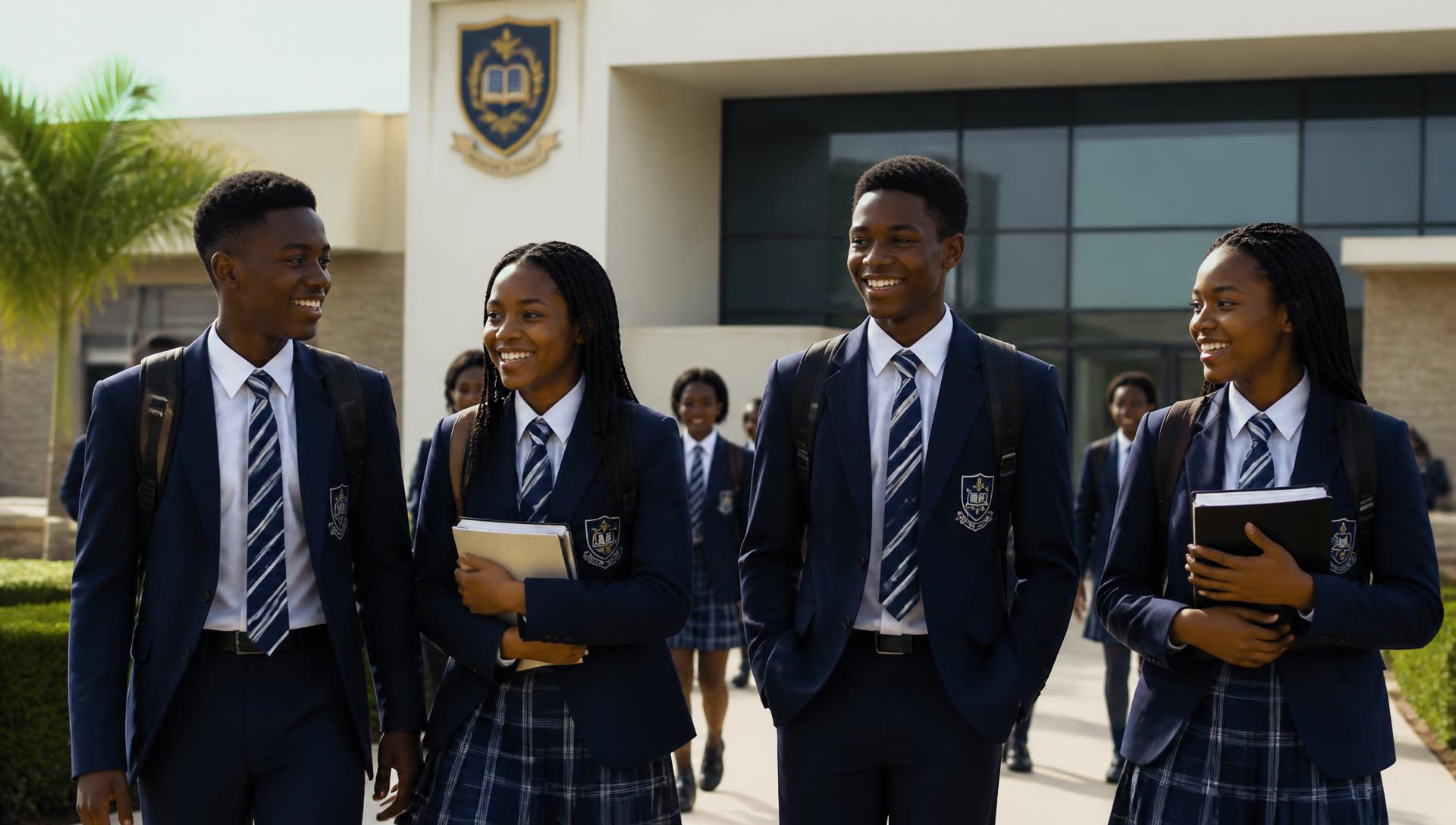 Students in navy uniforms smiling together outside the Skylar Dynamic Academy building